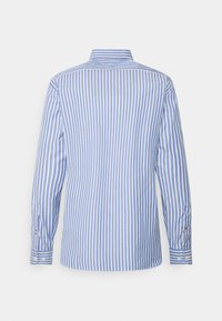 Blauw-wit gestreept shirt met lange mouwen, een kraag, knoopmanchetten en een rechte achterkant. Gemaakt van geweven stof met verticale strepen.