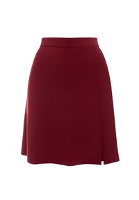Burgundowa spódnica w kształcie litery A z dopasowanym pasem i dyskretnym bocznym rozcięciem. Wykonana z gładkiego materiału o czystym, bezszwowym wzornictwie.