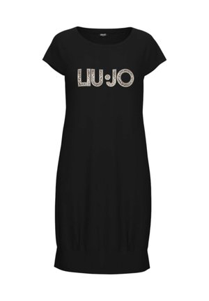 Abito nero a maniche corte con scollo rotondo e logo "LIU·JO" con stampa leopardata sul petto.