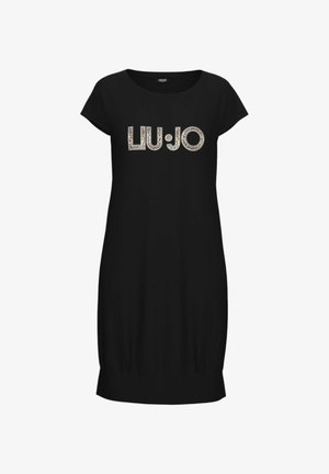 Vestido negro de manga corta con escote redondo y logo "LIU·JO" en estampado de leopardo en el pecho.