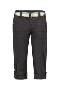 Zwarte cropped broek met een gestructureerde afwerking, voorzien van een multi-kleurige gestreepte riem en zijzakken. Opgerolde tailleband met knoopaccenten.