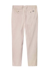 Pantaloni in cotone beige con vestibilità dritta, dotati di due tasche posteriori, vita e dettagli di cucitura minimi. Adatti per un abbigliamento casual.