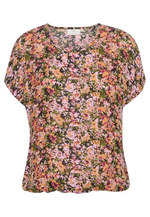 Blusa floreale con un motivo multicolore nei toni del rosa, giallo e verde su uno sfondo scuro. Tessuto leggero e forma ampia.