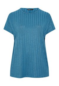 Sininen lyhythihainen paita kevyestä kankaasta, jossa on pystysaumalista. Pyöreä pääntie. Rentoa istuvuutta mukavuuden ja helppouden vuoksi.