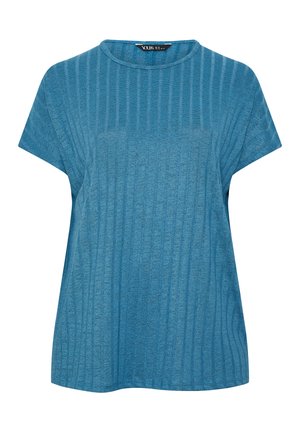 Top corto a maniche corte di colore blu realizzato in un tessuto leggero con texture a righe verticali e scollatura rotonda. Vestibilità rilassata per comfort e facilità.