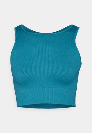Top cropped em tecido canelado na cor teal, com decote redondo e alças largas, feito de um tecido elástico para um ajuste perfeito. Detalhe de superfície texturizada.