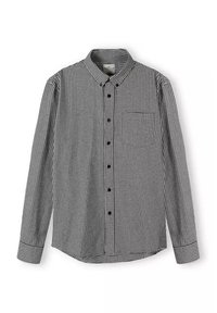 Czarna i biała koszula w kratkę gingham, długie rękawy, kołnierz zapinany na guziki, listwa z przodu z czarnymi guzikami, kieszeń na piersiach, bawełniana tkanina.