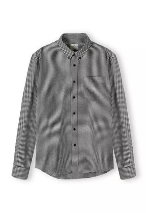 Czarna i biała koszula w kratkę gingham, długie rękawy, kołnierz zapinany na guziki, listwa z przodu z czarnymi guzikami, kieszeń na piersiach, bawełniana tkanina.