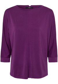 Lila Bluse mit langen Ärmeln, weitem Halsausschnitt, lockerer Passform und dezentem Nahtdetail in der Mitte vorne.