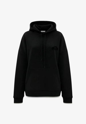 Felpa nera con cappuccio e coulisse, tasca frontale, polsini e orlo a coste, e logo "GCDS" discreto sul petto a sinistra.