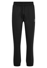 Sorte sweatpants lavet af blødt stof, med elastisk talje med snor, afsluttede bensømme og et lille trykt logo på siden.