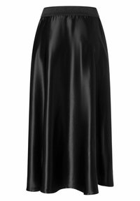 Jupe midi en satin noir avec une texture lisse, silhouette ample et taille élastique. L'ourlet est légèrement arrondi en bas.
