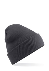 Gray knit beanie with a ribbed texture and a folded cuff. The cap is soft, round-topped, and designed for comfort and warmth.