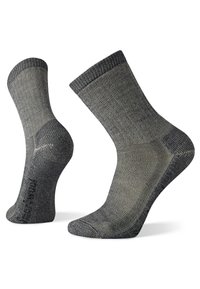 Dunkelgraue knielange Socken mit einer gerippten Textur, verstärkten Fersen und Zehen sowie einem leicht dunkleren Bund zur Akzentuierung.