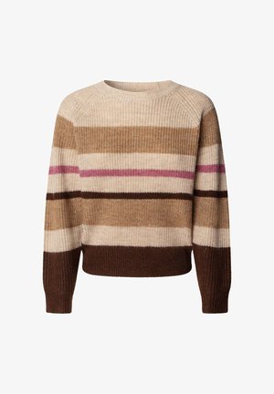 Gebreide trui met horizontale strepen in beige, bruin, roze en crème, met een ronde hals en een iets cropped fit. Textuurafwerking.