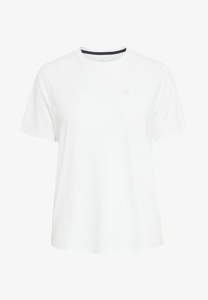 Balta īsām piedurknēm t-kreklā ar apaļu kakla izgriezumu un diskretu logo detaļu. Izgatavots no mīksta auduma ar brīvu piegriezumu un gludu tekstūru.