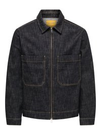Veste en denim foncé avec fermeture éclair à l'avant, col à pointes, deux poches avant et coutures jaunes contrastantes. Coupe droite et intérieur non doublé.