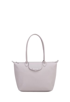 Hellgraue Lederhandtasche mit langen doppelten Henkeln, einer vorderen Klapptasche und einem Reißverschluss oben.