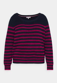 Stribet sweater med en mørk marineblå bund og fuchsia vandrette striber, bred uldkrave og lange ærmer. Blød tekstur og afslappet pasform.