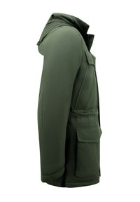 Olijfgroene waterdichte jas met capuchon, voorzien van een ritssluiting aan de voorkant, meerdere zakken en een gestructureerde stof in een aansluitend model.