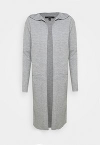 Szary, długi kardigan z kapturem, wykonany z miękkiego materiału, z długimi rękawami, bocznymi kieszeniami i otwartym przodem.