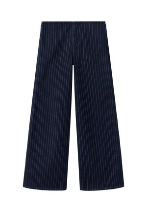 Pantalones de pierna ancha azul marino oscuro con delgadas rayas verticales beige, cintura alta y sin bolsillos visibles ni adornos.