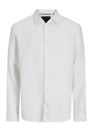 Férfi hosszú ujjú fehér ing klasszikus gallérral, elülső gombokkal és gombos mandzsettákkal, egyszínű háttér előtt bemutatva.
