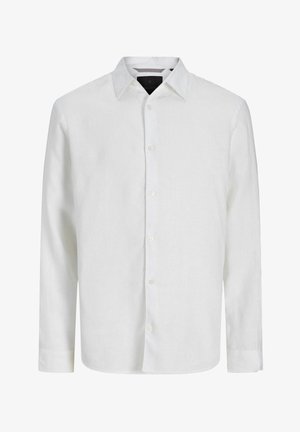 Men’s long-sleeve white button-up shirt with a classic collar, front buttons, and buttoned cuffs, displayed on a plain background.