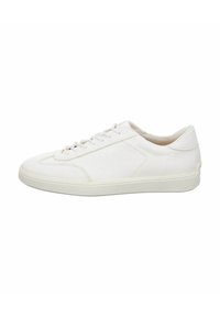 White leather sneaker with a textured finish, flat laces, and a low-profile rubber sole. Features stitched seams and a minimalistic design.