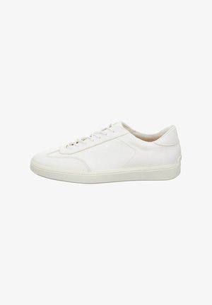 White leather sneaker with a textured finish, flat laces, and a low-profile rubber sole. Features stitched seams and a minimalistic design.