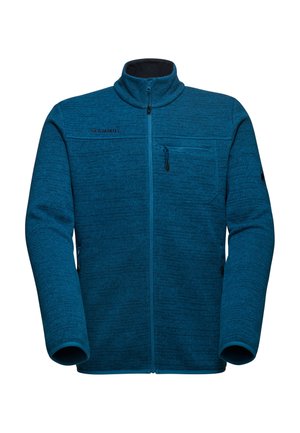 Giacca in pile blu con chiusura a zip completa, collo alto, tasca con zip sul petto, tasche laterali con zip e logo Mammut sul petto sinistro e sulla manica.