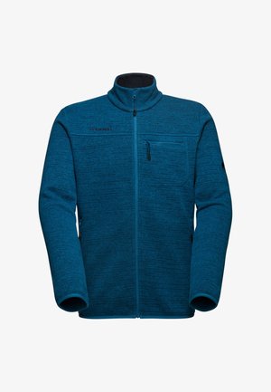 Giacca in pile blu con chiusura a zip completa, collo alto, tasca con zip sul petto, tasche laterali con zip e logo Mammut sul petto sinistro e sulla manica.