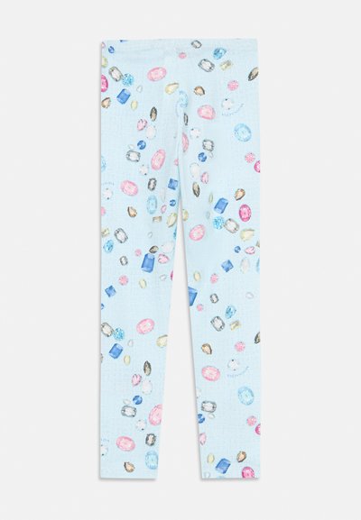 Lyseblå leggings med et flerfarget steinprint i rosa, blå og gule nyanser, laget av en elastisk og glatt stoffkvalitet.