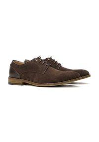 Brown suede dress shoes with a smooth leather accent, lace-up design, rounded toe, and contrasting light brown sole. Lightweight and sleek.