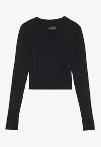 Pull en maille côtelée noir à manches longues, cropped, avec un col rond et une coupe ajustée, présentant un motif texturé sur l'ensemble.