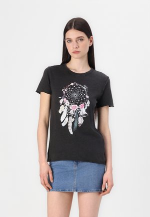 Black cotton t-shirt featuring a colorful dreamcatcher design with feathers and floral accents, short sleeves, and a crew neck.