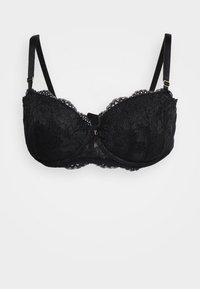 Black lace bra with underwire, featuring intricate floral patterns, adjustable straps, and a small front fastening detail.