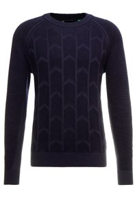 Mörk marinblå tröja med ett strukturerat hexagonalmönster, ribbade ärmslut och rundad halsringning. Tillverkad av stickad tyg för en strukturerad passform.