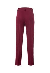 Pantalons sur mesure bordeaux avec une texture lisse, une coupe droite et des plis devant. Comprend une taille avec passants de ceinture.