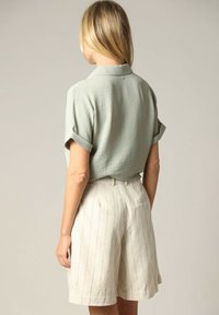 Lichtgroen, kort mouw, met een kraag, shirt gemaakt van textuurstof, gecombineerd met beige, verticaal gestreepte, knie-lange shorts.