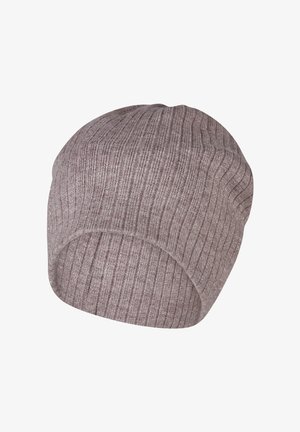 Knitted ribbed beanie hat in light brown with subtle shimmer, stretchy and soft fabric for a comfortable fit.