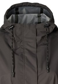 Czarna kurtka z kapturem ze sznurkiem do zaciągania, z gładką zewnętrzną fakturą i kontrastową szarą podszewką wewnętrzną.