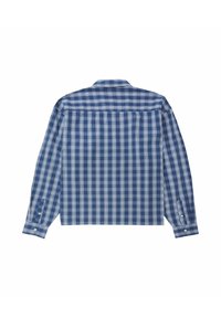 Camicia a maniche lunghe in tinta unita blu e bianca con motivo a quadri, dotata di colletto button-down, spalla a triangolo e polsini regolabili. Tessuto in cotone.