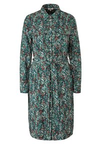 Robe à manches longues boutonnée avec un col et une ceinture à la taille, à base verte avec un petit motif floral rouge, blanc et turquoise.