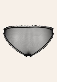 Schwarze durchsichtige Spitzenunterwäsche mit einer gewellten Kante, die ein schlichtes Design und eine weiche Textur aufweist und minimalen Schutz bietet.