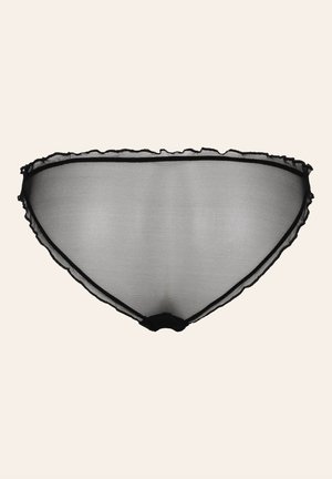 Zwarte doorschijnende kanten ondergoed met een gegolfde rand, met een eenvoudig ontwerp en een zachte textuur, dat minimale bedekking biedt.