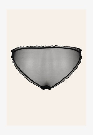 Zwarte doorschijnende kanten ondergoed met een gegolfde rand, met een eenvoudig ontwerp en een zachte textuur, dat minimale bedekking biedt.