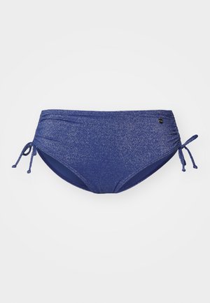Blå glitrende bikinibunn med justerbare sidesnorer, som har et rynkedesign og glatt tekstur. Laget av elastisk badetøystoff.