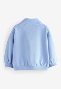 Sweatshirt bleu clair avec col, coupe oversize, épaule tombante et poignets et ourlet côtelés. Texture douce et lisse sans motifs.
