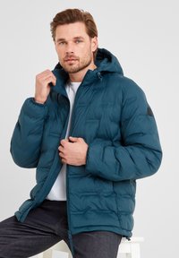 Teal puffer jacket with a hood, featuring a front zipper and elastic cuffs. The material appears smooth and quilted for insulation.